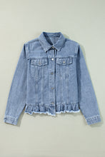 Load image into Gallery viewer, Beau Blue Ruffle Raw Hem Flap Pockets Denim Jacket

