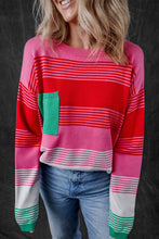 Load image into Gallery viewer, Rose Striped Knit Patch Pocket Drop Shoulder Sweater

