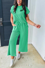 Load image into Gallery viewer, Bright Green Solid Corded Knit Short Sleeve T Shirt and Wide Leg Pants Set
