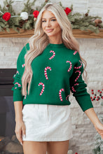 Load image into Gallery viewer, Dark Green Christmas Candy Cane Holiday Drop Shoulder Sweater
