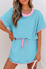 Load image into Gallery viewer, Turquoise Colorblock Edge Drop Shoulder T Shirt and Skort 2Pcs Set
