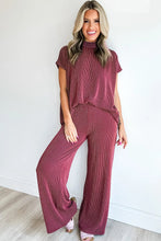 Load image into Gallery viewer, Burgundy Twisted Ribbed High Neck Loose Tee Elastic High Waist Loose Pant Set
