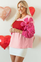 Load image into Gallery viewer, Pink Floral Patch Color Block Striped Sleeve Textured Top
