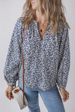 Load image into Gallery viewer, Blue Floral Print Notched V Neck Puff Sleeve Blouse
