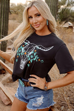 Load image into Gallery viewer, Carbon Grey Vintage Western Bull Head Skull Turquoise Aztec Graphic T Shirt
