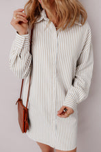 Load image into Gallery viewer, Khaki Stripe Long Sleeve Button Up Mini Shirt Dress
