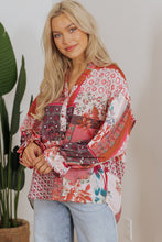 Load image into Gallery viewer, Red Boho Geometric Mixed Print Patchwork Bubble Sleeve Shirt
