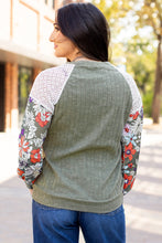 Load image into Gallery viewer, Laurel Green Floral Patchwork Long Sleeve Ribbed Blouse
