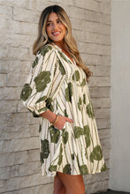 Load image into Gallery viewer, Guacamole Green Floral Striped Print Contrast Piping Puff Sleeve Dress
