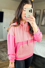 Load image into Gallery viewer, Pink Textured Color Block Kangaroo Pocket Drop Shoulder Hoodie
