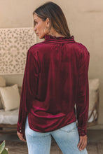 Load image into Gallery viewer, Burgundy Frilled Neck Buttoned Front Velvet Top
