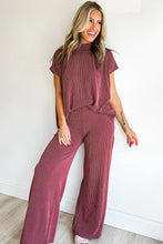 Load image into Gallery viewer, Burgundy Twisted Ribbed High Neck Loose Tee Elastic High Waist Loose Pant Set
