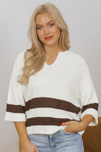 Load image into Gallery viewer, Brown Striped Accent Notched V Neck Cropped Sweater T Shirt
