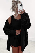 Load image into Gallery viewer, Black 3 Pcs Crop Tank Top Shorts with Cardigan Lounge Set

