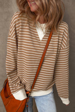 Load image into Gallery viewer, Khaki Stripe Patched Edge Textured Round Neck Long Sleeve Top
