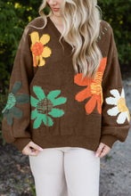 Load image into Gallery viewer, Coffee Big Flower Pattern V Neck Drop Shoulder Sweater
