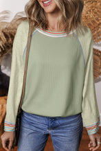 Load image into Gallery viewer, Meadow Mist Green Waffle Knit Wide Bracelet Sleeve Patchwork Raglan Top
