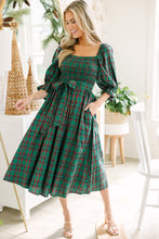 Load image into Gallery viewer, Green Tartan Plaid Square Neck Puff Sleeve Knot Waist Flared Midi Dress
