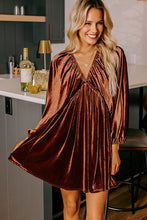 Load image into Gallery viewer, Clay Elastic V Neck Puff Sleeve Short Velvet Dress
