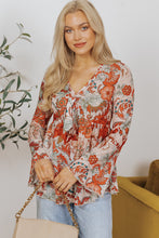 Load image into Gallery viewer, Orange Floral Print Deep V Neck Knot Bell Sleeve Blouse
