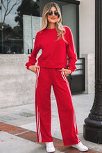 Load image into Gallery viewer, Fiery Red Varsity Striped Detail Crewneck Pullover Elastic Sweatpants 2pcs Outfit
