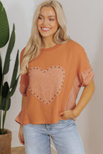 Load image into Gallery viewer, Desert Gold Stud Heart Patch Textured Front Dolman Top
