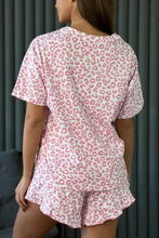 Load image into Gallery viewer, Pink Leopard Print Crew Neck Tee and Ruffled Shorts 2 Lounge Set
