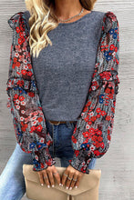 Load image into Gallery viewer, Blue Pale Chestnut Ruffle Tiered Floral Sleeve Crew Neck Blouse
