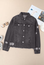 Load image into Gallery viewer, Black Lapel Distressed Raw Hem Buttons Denim Jacket
