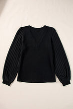 Load image into Gallery viewer, Black Buttoned V Neck Ribbed Puff Sleeve Top
