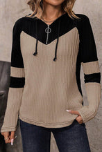 Load image into Gallery viewer, Parchment Textured Colorblock Long Sleeve Quarter Zip Drawstring Hooded Top
