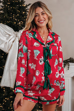 Load image into Gallery viewer, Red Christmas Fashion Print Contrast Ruffle Trim Ribbon Bow Knot 2pcs Pajama Set
