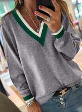 Load image into Gallery viewer, Gray Contrast Striped Trim V Neck Varsity Sweater
