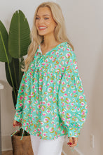 Load image into Gallery viewer, Green Abstract Printed Lace-up Lantern Sleeve Babydoll Blouse
