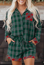 Load image into Gallery viewer, Green Plaid Contrast Patched Christmas Holiday Long Sleeve Shirt and Short 2pcs Pajama Set
