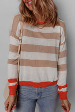 Load image into Gallery viewer, Apricot Colorblock Striped Round Neck Drop Shoulder Sweater
