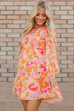 Load image into Gallery viewer, Orange Abstract Print Smocked Lantern Sleeve Ruffle Mini Dress
