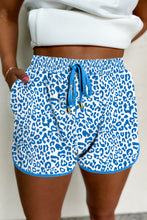 Load image into Gallery viewer, Blue Leopard Elastic Waistband Lace up Contrast Trim Casual Shorts

