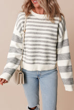 Load image into Gallery viewer, Gray Stripe Drop Shoulder Crew Neck Sweater
