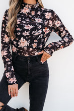 Load image into Gallery viewer, Black Floral Mesh Mock Neck Long Sleeve Slim Fit Top
