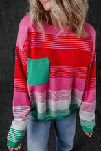 Load image into Gallery viewer, Rose Striped Knit Patch Pocket Drop Shoulder Sweater
