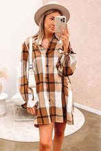 Load image into Gallery viewer, Khaki Plaid Pattern Collared Neck Ruffled Sleeve Shirt Dress
