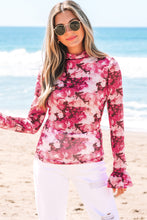 Load image into Gallery viewer, Rose Floral Mesh Flounce Sleeve Mock Neck Blouse
