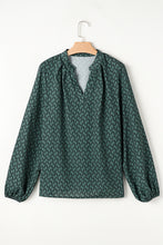 Load image into Gallery viewer, Green Geometric Print Notched Neck Puff Sleeve Blouse
