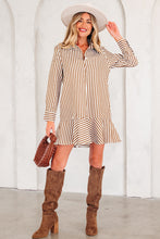 Load image into Gallery viewer, Brown Stripe Ruffled Hem Collared Long Sleeve Shirt Mini Dress
