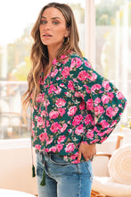 Load image into Gallery viewer, Green Floral Printed Tied Collar Puff Sleeve Blouse
