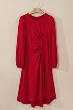 Load image into Gallery viewer, Fiery Red Solid Color Ruched Detail Long Sleeve Midi Dress
