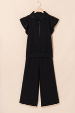 Load image into Gallery viewer, Black Textured Ruffled Sleeve Zipped Top and Wide Leg Pants Set
