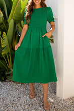Load image into Gallery viewer, Dark Green Solid Textured Smocked Puff Short Sleeve High Waist Long Dress
