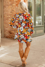 Load image into Gallery viewer, Orange Floral Print Striped Lace V Neck Long Sleeve Mini Dress
